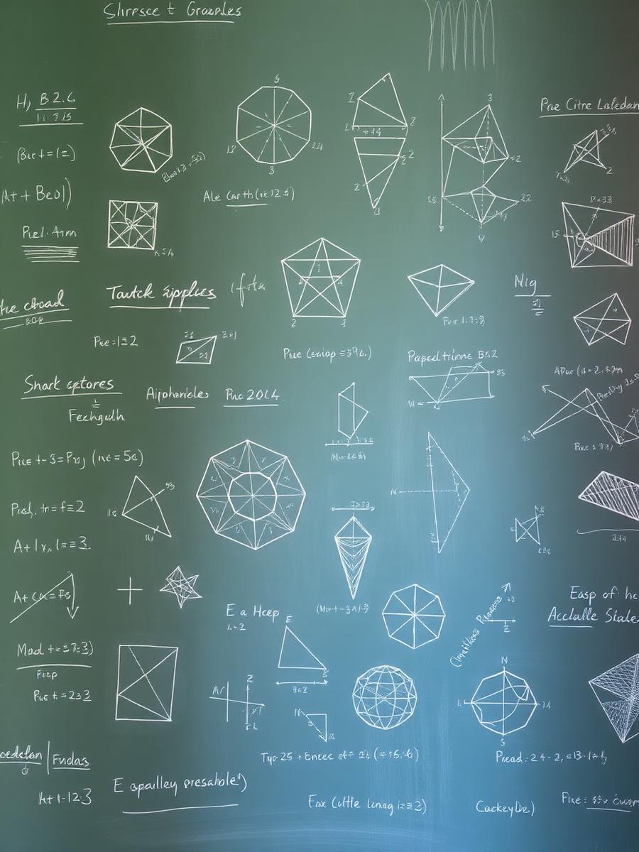 A chalkboard covered with mathematical diagrams in blue and sage tones